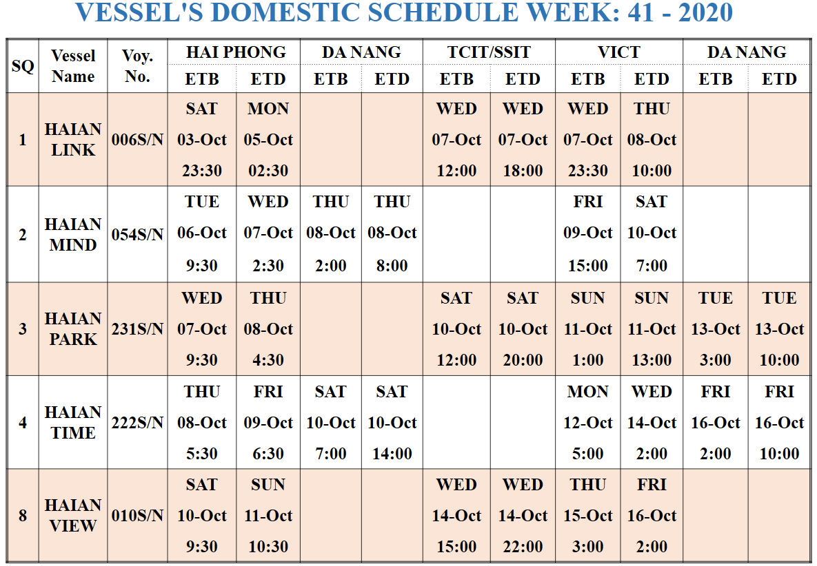 VESSEL'S DOMESTIC SCHEDULE WEEK: 41- 2020