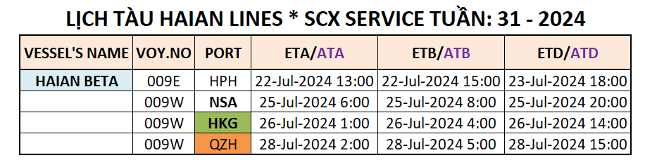 LỊCH TÀU CONTAINER QUỐC TẾ TUẦN: 31 - 2024