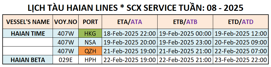 LỊCH TÀU CONTAINER QUỐC TẾ TUẦN: 08 - 2025