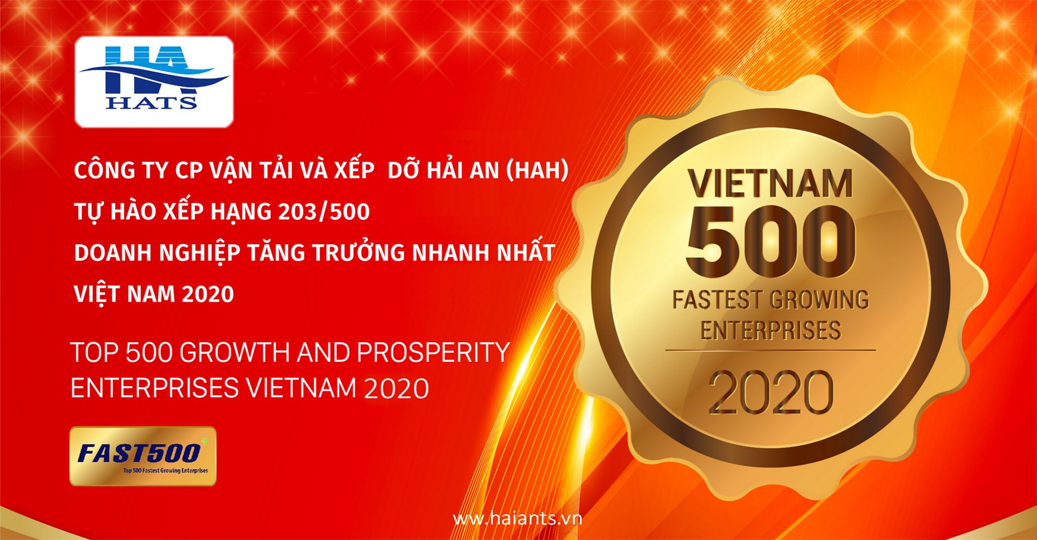 Haian Transport And Stevedoring Company Limited ranked significantly in the top 500 fastest growing enterprises in Vietnam in 2020 – FAST500