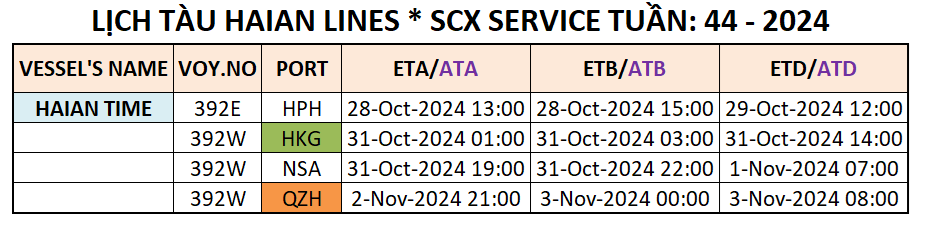 LỊCH TÀU CONTAINER QUỐC TẾ TUẦN: 44 - 2024