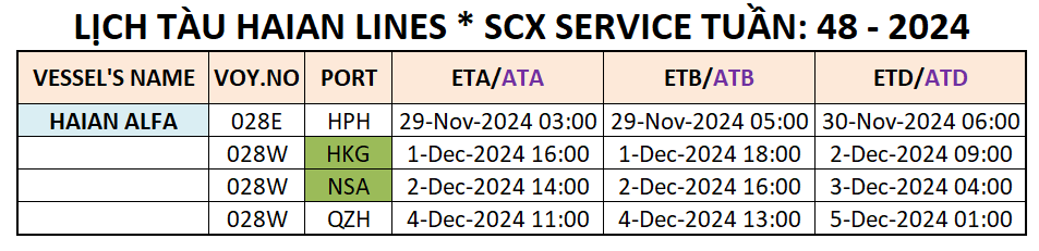 LỊCH TÀU CONTAINER QUỐC TẾ TUẦN: 48 - 2024